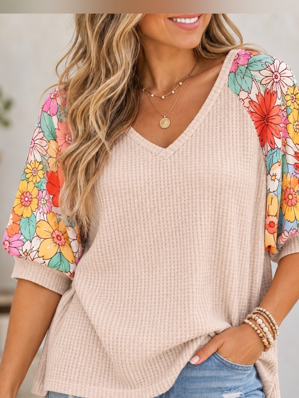 BiBi Waffle Knit Floral Puff Sleeve V Neck Top Large Boho Casual NWOT
